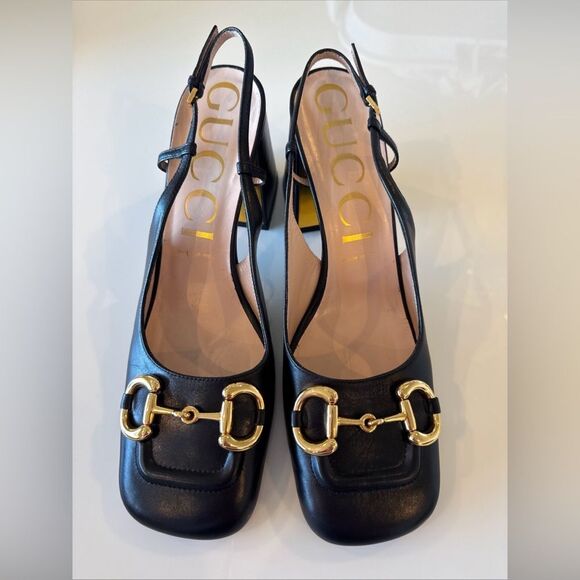 GUCCI Baby Horsebit Slingback Leather Pump Black Gold EU 40.5 US 10.5 Authentic - Picture 2 of 11